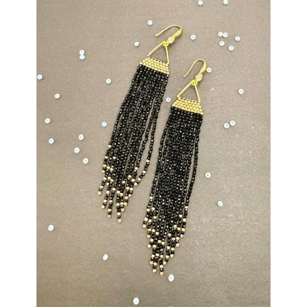 Handmade Black and Gold Beaded Fringe‎ Earrings – Elegant Long Dangle Jewelry